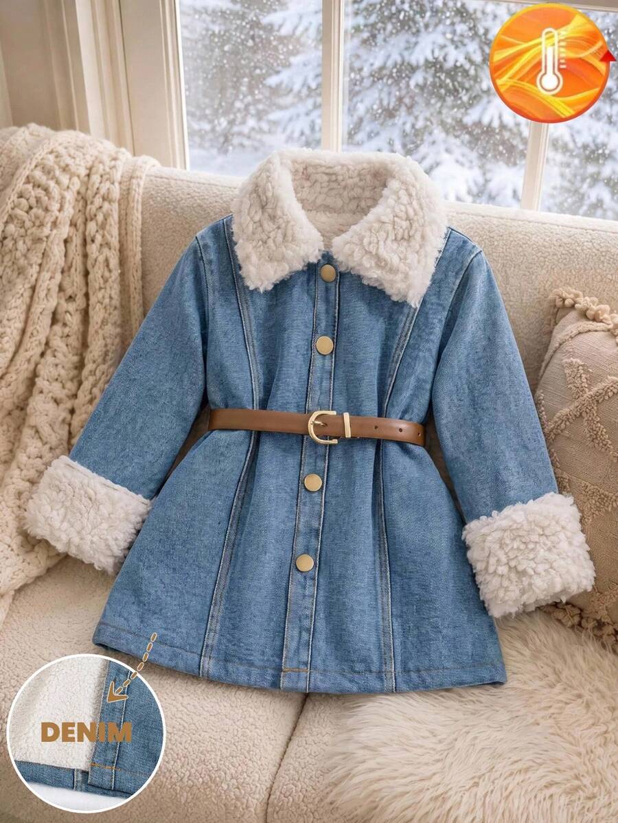 Manteau mi-long épais avec col en fourrure pour jeunes filles, nouvelle arrivée automne/hiver, veste en jean délavé et usé style coréen au-dessus du genou, convient pour le port extérieur et décontracté - Bleu azur - Voir 1