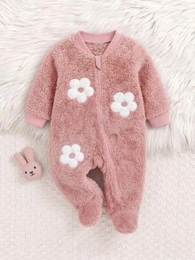 SHEIN 新生兒嬰兒花卉貼花刺繡毛絨連身長褲 - 粉色 - 查看 3