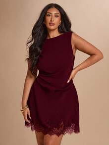SHEIN BAE CURVE 大尺碼女款黑色蕾絲拼接無袖洋裝 - 紫紅色 - 查看 5