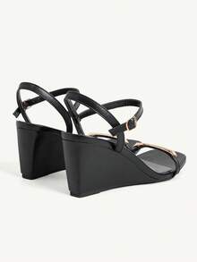 CUCCOO CHICEST Black Metal Square Buckle Wedge Sandals Women, Square Toe Open Toe Ankle Buckle Summer Commuter Shoes - Black - View 6