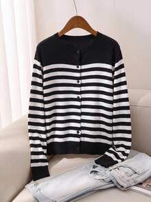 EMERY ROSE Plus Size Women's Striped Colorblock Casual Daily Cardigan Winter - Black and White - View 1