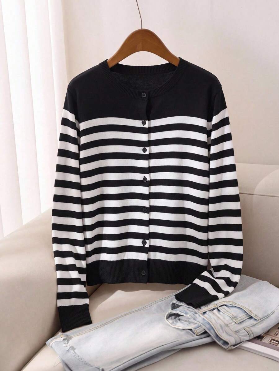 EMERY ROSE Plus Size Women's Striped Colorblock Casual Daily Cardigan Winter - Black and White - View 1