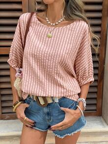 SHEIN LUNE 女士休闲条纹短袖宽松衬衫，适合夏季、度假、通勤和日常穿着，夏季休闲上衣，可搭配牛仔裤，女士最新款休闲上衣，夏季新款女士上衣，夏季休闲上衣 - 西瓜粉 - 查看 3