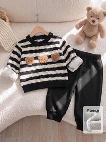 SHEIN Playful Pals 新生兒男嬰女嬰運動衫慢跑褲套裝，可愛黑白黑熊貼布繡，抓絨長袖圓領加厚冬季羅紋款 - 黑與白 - 查看 4