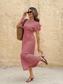 SHEIN Frenchy Women's Striped Ruffle Sleeve Casual Party Dress - Red - View 4