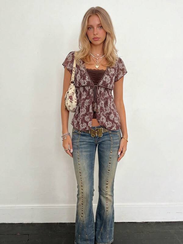 Sundraya Vintage Print Summer V-Neck Ruffle Sleeve Women's Tie-Front Cardigan Top