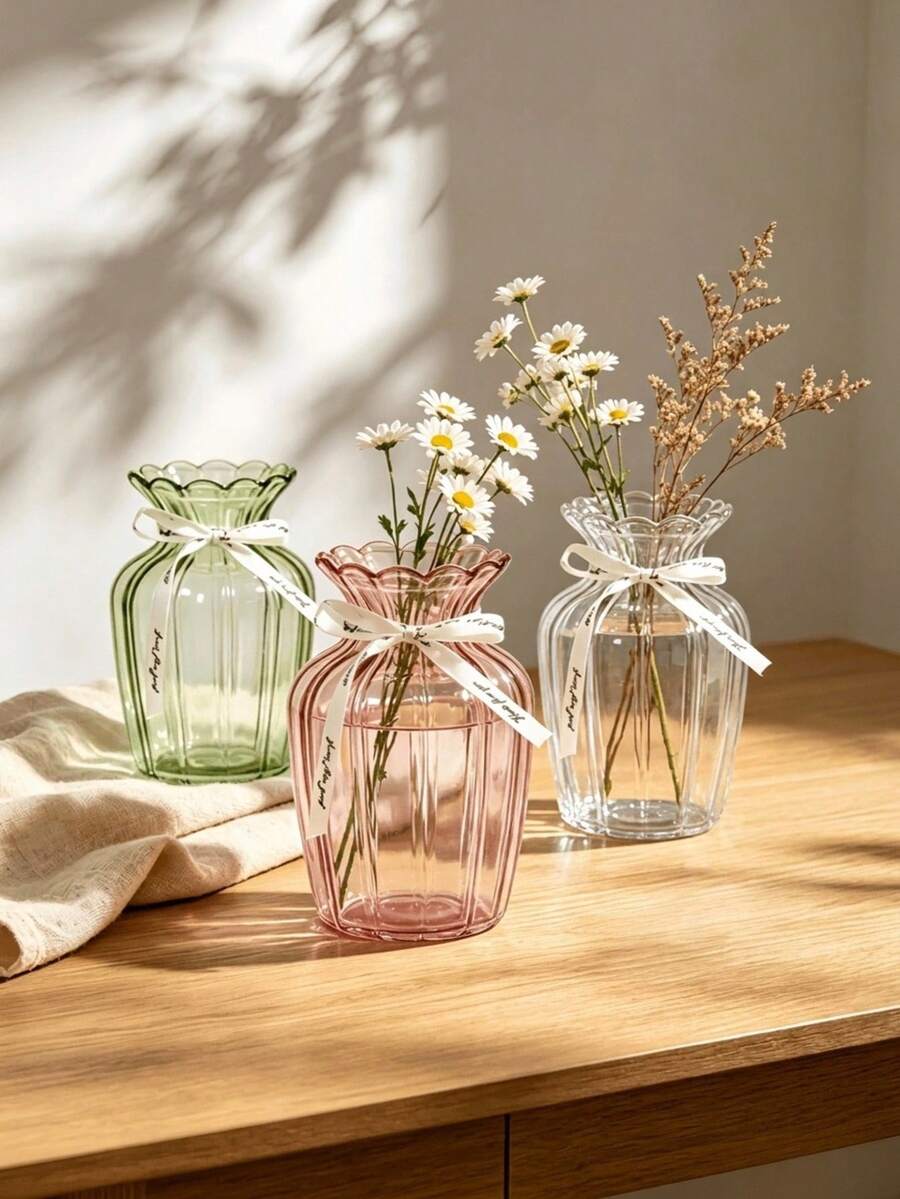 Cirelle 1件小號羅紋玻璃花瓶附緞帶-溝槽扇形邊緣玻璃花苞瓶-可愛彩色裝飾玻璃花瓶,適用於桌面、辦公桌、客廳及婚禮中心裝飾 - 多色 - 查看 1