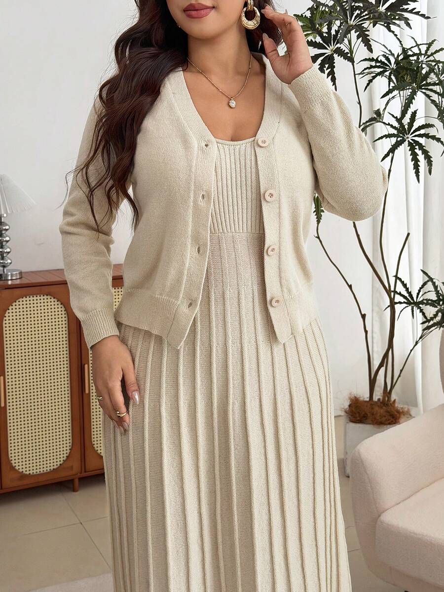 Modelyn Plus Size Women Solid Color Dress And Long Sleeve Cardigan Casual Knit Set - Apricot - View 1