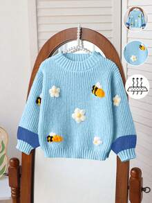 SHEIN Vintaside Kids 1件柔軟親膚耐穿防起球可愛3D蜜蜂與花朵裝飾鮮豔可愛黃色圓領套頭毛衣，配黃色拼接袖設計，輕量秋冬幼童女童毛衣，適合日常穿著、外出、休閒、上學、購物等多用途 - 淺藍色 - 查看 3