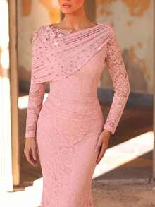 Aureia Elegante vestido de noche formal rosa empolvado con encaje, manga larga, capa asimétrica drapeada, cristales con cuentas, flores 3D, cuello barco, cola de sirena, para banquete y boda - Rosa Pálido - Ver 8