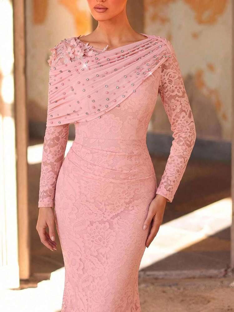 Aureia 優雅灰粉色蕾絲露肩垂墜綴珠長袖抓褶緊身魚尾拖尾落地正式婚禮賓客舞會晚禮服 秋季 - 粉色 - 查看 8