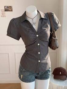 Comfortcana Women's Casual Ruched Short Sleeve Striped Shirt, Commute, Summer Clothing, Streetwear, Suitable For Daily Commute, Dating, Gathering, Autumn/Winter, Summer, Party, Wedding, Beach, Graduation Ceremony, Elegant, Casual, Outing, Y2K, Music Festival Outfit, Holiday Clothing, Back To School Outfit - Multicolor - View 4