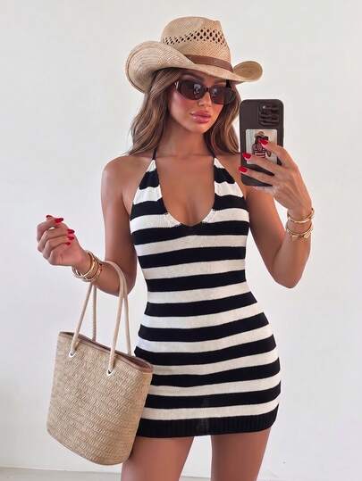 Sunnyshic Women's Spring/Summer Sexy Hot Girl Style Beach Vacation Lazy Fashion Versatile Striped Sweater Dress