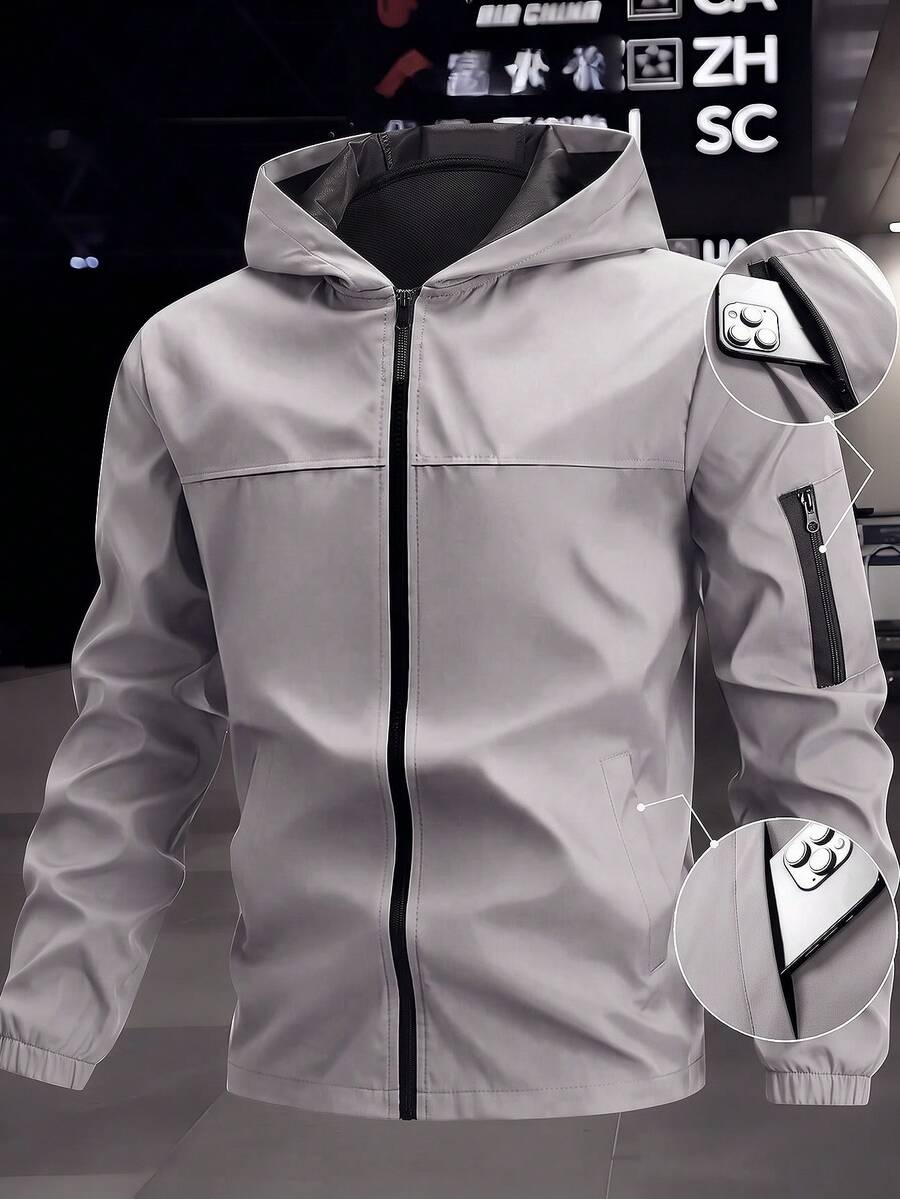 Manfinity Homme Men's Hooded Zip-Up Casual Versatile Daily Commute Long Sleeve Jacket - Grey - View 1