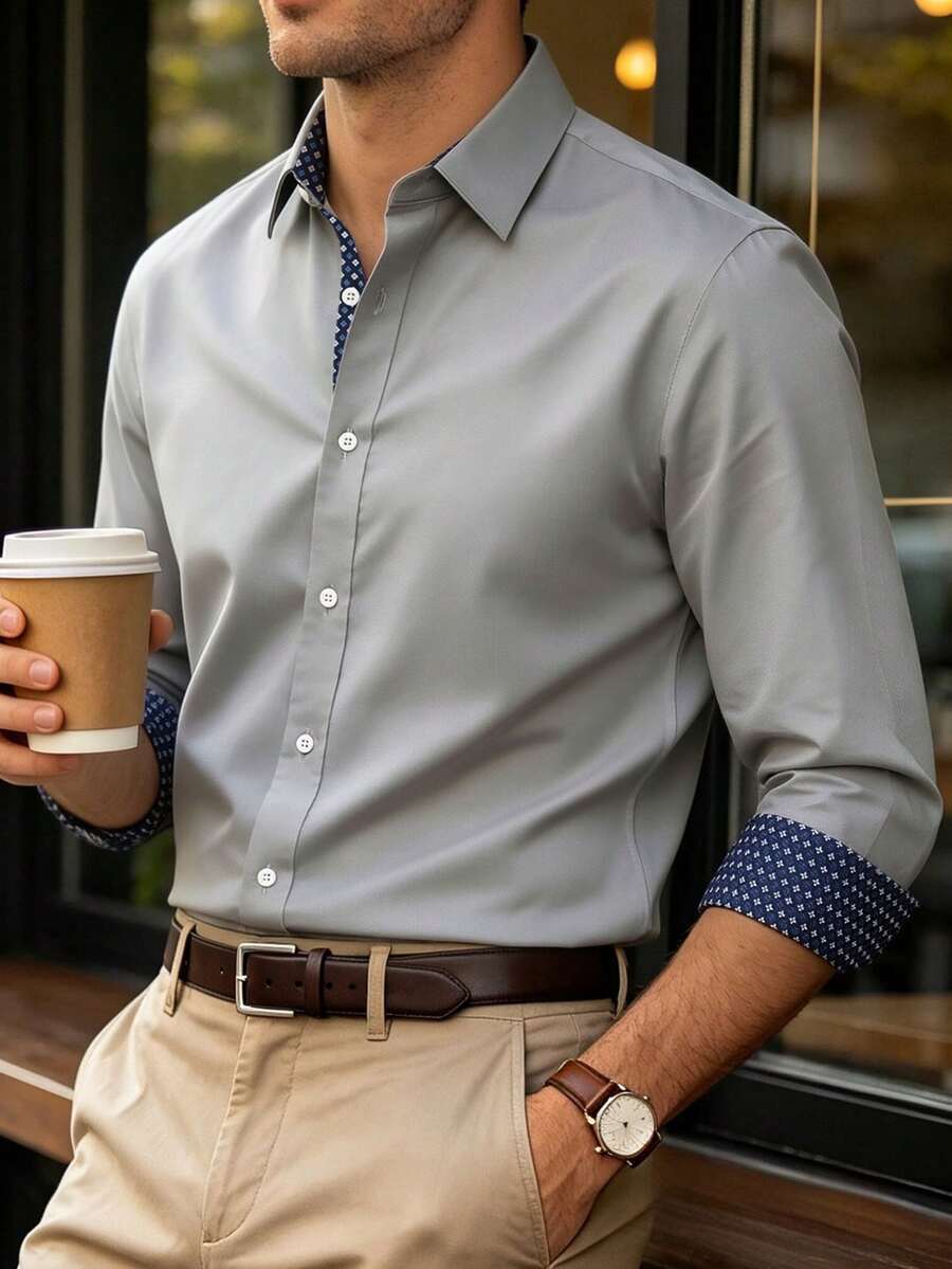 Manfinity Mode Men's Casual Business Long Sleeve Shirt, Formal - Light Grey - View 1