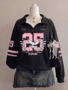 Attitoon 女款休閒復古半拉鍊寬鬆運動衫，大數字印花，秋冬女裝 - 彩色 - 查看 5