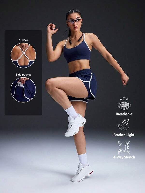 Powerista Women's Summer Gym And Sport Navy Blue And White Color-Block High Support Crew Neck Bra And High Slit Shorts Sports Set - With Breathable Fabric