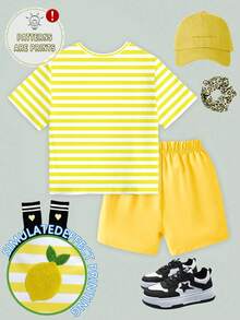 SHEIN Elladie kids 春夏女生休闲时尚创意个性清新可爱简约柠檬黄白条纹印花夏日度假风基础款短袖T恤短裤套装，舒适日常穿着，适合春夏女生穿搭 - 彩色 - 查看 2