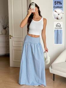 SHEIN Tall Rok Lipit Bergaris Kasual Serbaguna untuk Wanita, Cocok untuk Sehari-hari - Blue and White - View 6