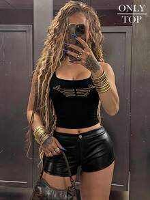 Amplova Black And Gold Foil Spaghetti Strap Sleeveless Fitted Military Style Vintage Sexy Criss-Cross Backless Women's Mini Tank Top Club Night Out Summer - Black and Gold - View 3