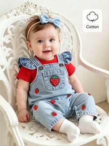 SHEIN 2pcs Celana Celemek Bayi Perempuan Motif Stroberi Lucu Bordir, Katun Lembut Biru, Cocok untuk Musim Panas dan Keseragaman Keluarga - Merah - View 1