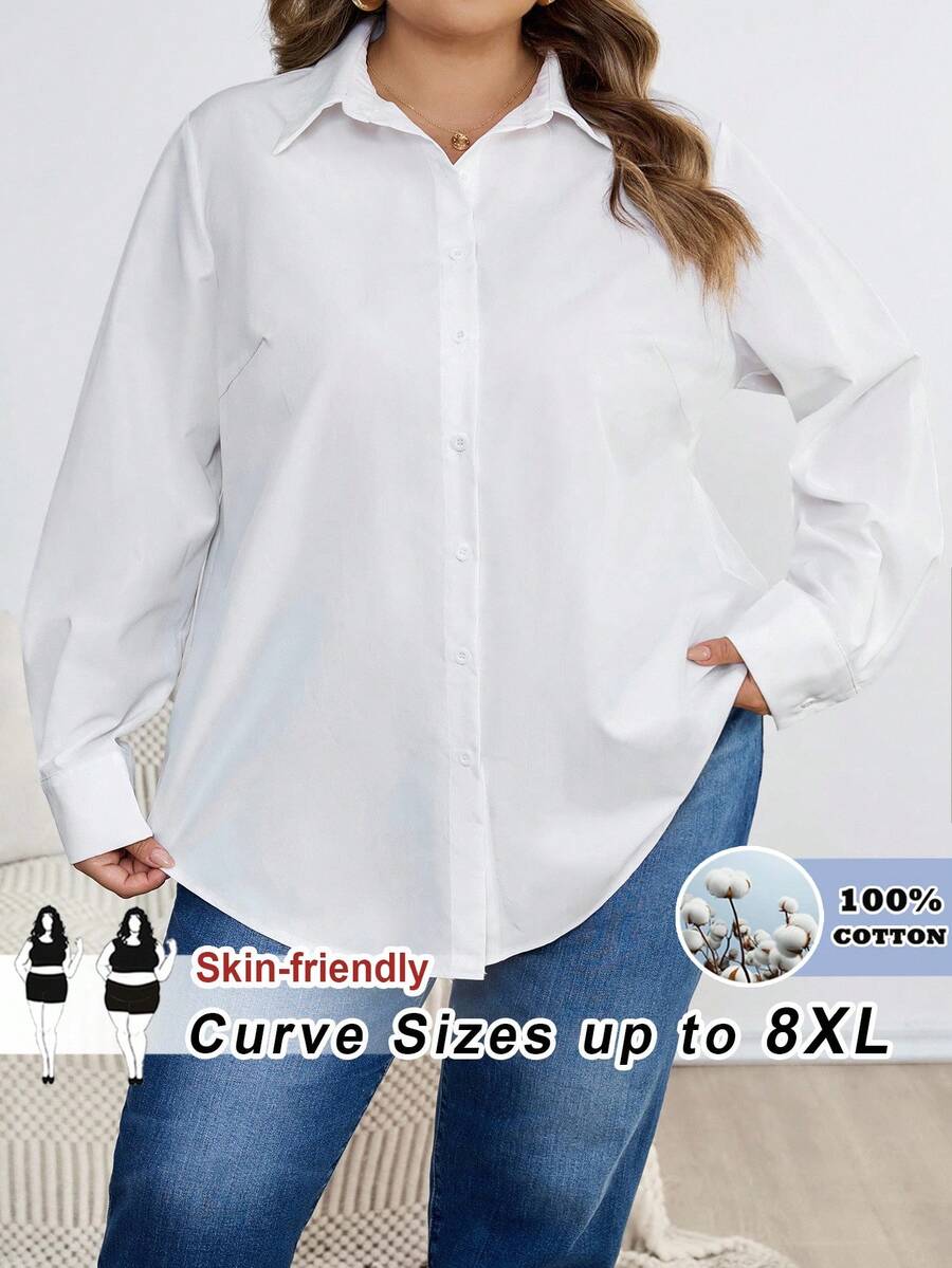 SHEIN CURVE+ 2025春夏大码白色休闲办公衬衫,ins风夏季/乡村/海滩度假/沙滩装/秋冬 - 白色 - 查看 1