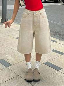 SHEIN 青少年女孩 Y2K 復古水洗口袋設計寬鬆百慕大牛仔長短褲，夏季波希米亞牛仔短褲，適合夏季休閒、學校、校園、大學，適合春夏波希米亞風，季節復古/海灘/海洋/優雅畢業季，夏季假期、春季、海灘女款，情人節，夏季假期，海灘度假假期女款，畢業 - 卡其色 - 查看 4