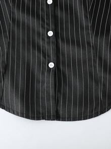SHEIN 1件青少年女孩春秋款黑白通勤簡約風細豎條紋領口收腰長袖襯衫，修身版型，適合日常出遊、職場通勤、商務會議、休閒社交聚會及逛店 - 黑色 - 查看 8