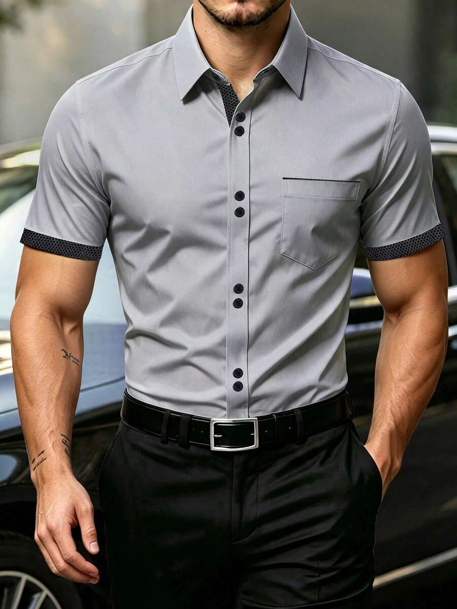 Manfinity Mode 男士對比色單排扣休閒百搭短袖襯衫,適合日常穿著 - 淺灰色 - 查看 1