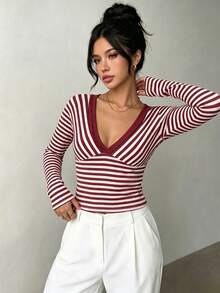 Elenzga Women's Autumn Casual Striped Slim Fit T-Shirt - Burgundy - View 1