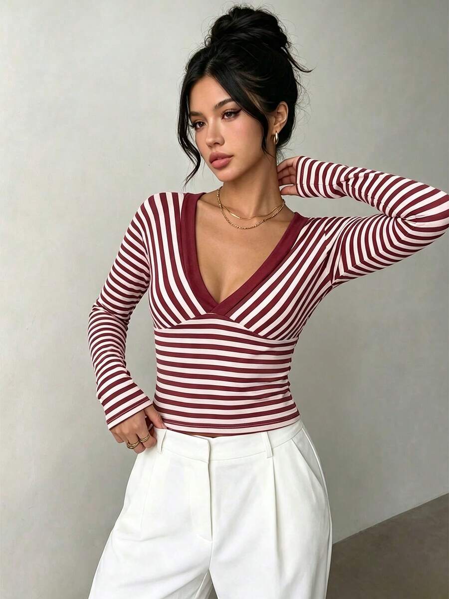 Elenzga Women's Autumn Casual Striped Slim Fit T-Shirt - Burgundy - View 1