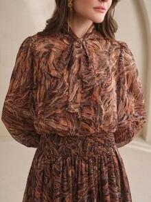 Anewsta Fall/Winter Elegant Vintage Romantic Slimming Cinched Waist Floral Print Dark Brown Long Dress For Women Thanksgiving Brunch Dinner - Brown - View 6