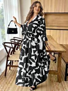 SHEIN CURVE+ Women's Plus Size Fashion Commuter All-Over Print Dress Fall - Black and White - View 4