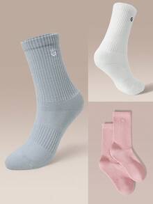GLOWMODE 3 Pairs Socks Soft Ventilated Mesh With Embroidered Logo Workout Daily Casual - white + pink + blue. - View 6