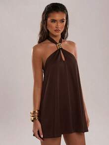 SHEIN BAE Spring/Summer Women's Casual Vacation Animal Print Floral Halter Neck Metal Decor Backless Mini Dress, Suitable For Spring/Summer Vacation, Beach Holiday, Sister Date, Beach Party, Casual Outing, Music Festival, Y2K, Chiffon Printed Dress, Red Floral Dress - Coffee Brown - View 5