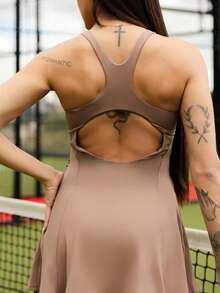 Maju Mazalli Women's Solid Color Square Neck Pleated Sleeveless Sports Dress Summer - Brown - View 7