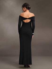 SHEIN Black French Style Cold Shoulder Maternity Long Dress, Slim Fit Elastic Knit Fabric, Exposed Shoulder Long Sleeve Photoshoot Formal Fall Elegant - Black - View 2