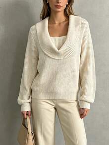SHEIN Designer Scarf Layering Versatile Elegant Commute Office Travel Knitted Pullover Sweater - Apricot - View 5