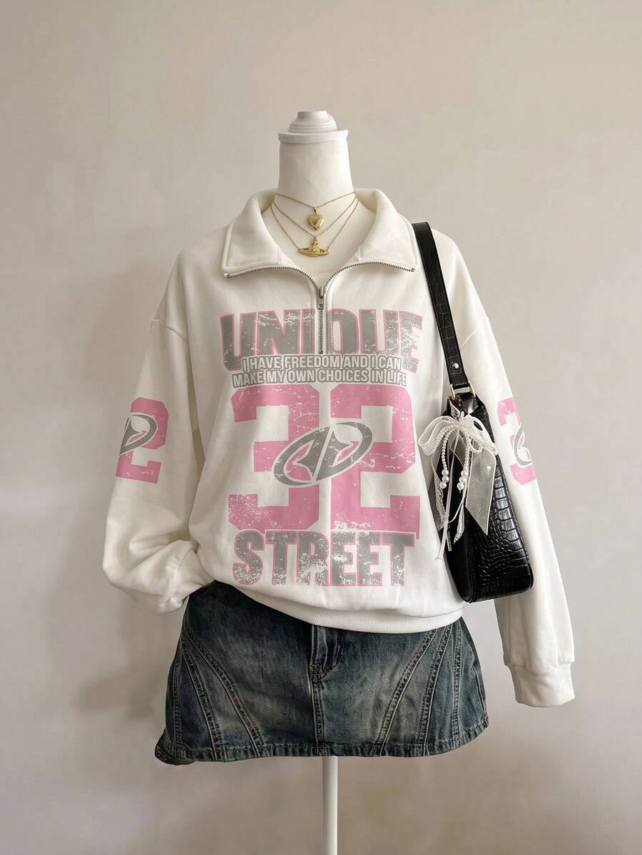 青少年女孩字母印花半拉鍊長袖運動衫 - 白色 - 查看 1