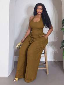 Veslaya Plus Size Summer Casual Backless Halter Top & Long Pants Set - Army Green - View 3