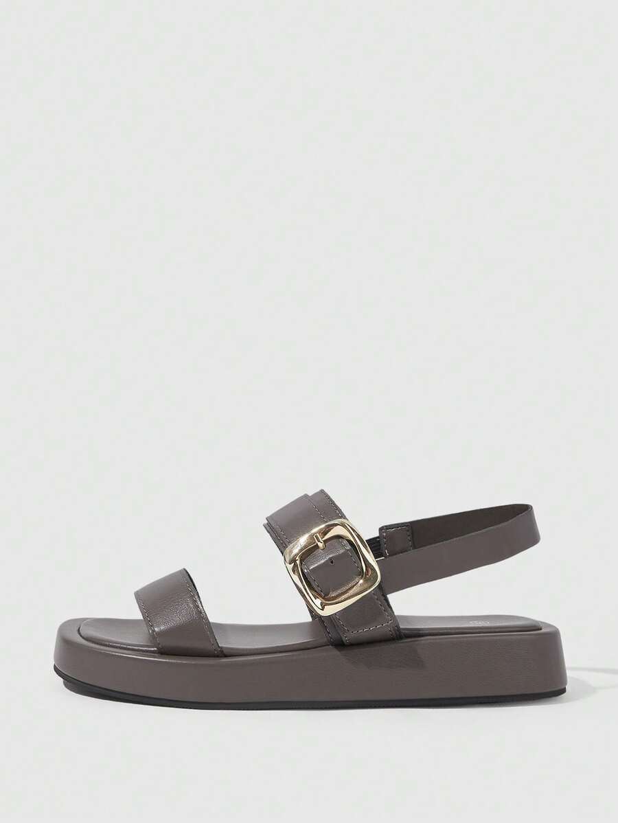 HighSole 雙帶式露趾方頭厚底平底休閒女款涼鞋,適合通勤、購物與度假穿著 - 淺灰色 - 查看 1