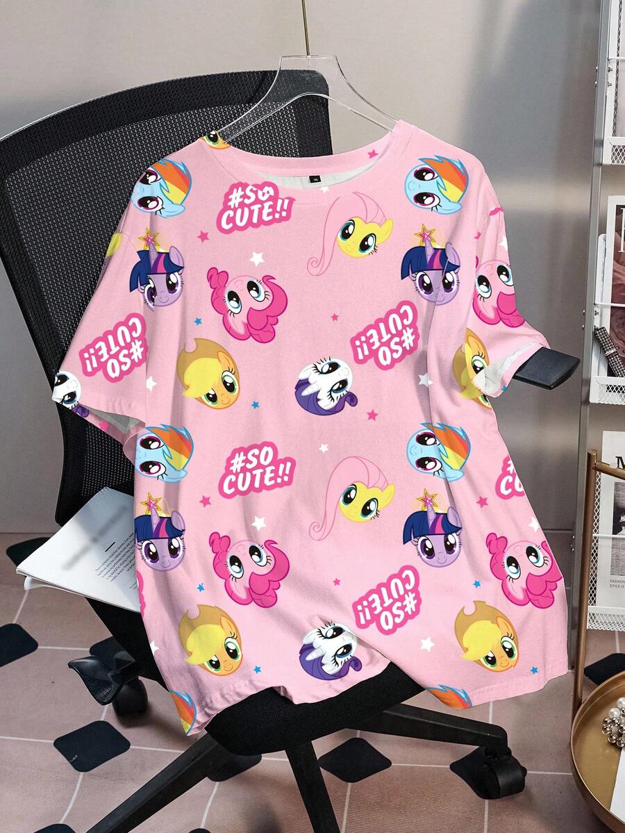 My Little Pony X SHEIN 大尺碼夏季休閒卡通印花短袖T恤 - 白色 - 查看 1