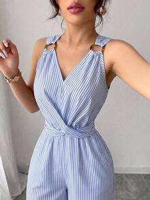 Elenzga Women's Spring/Summer Exquisite Elegant Commuter Blue And White Striped V-Neck Small Circle Decorative Buckle Bow Tie Design Sleeveless Fitted Slim Versatile Jumpsuit - Blue - View 6