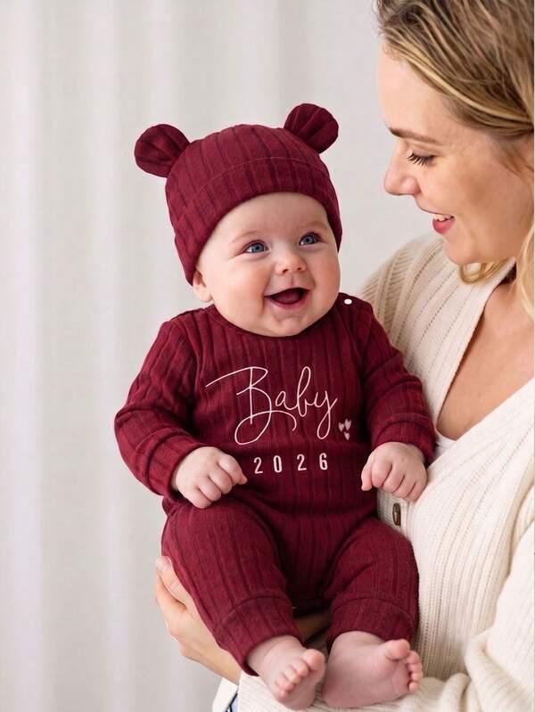 SHEIN Newborn Baby Autumn Comfortable Casual Letter Print Long Sleeve Romper + Hat, Suitable For Any Occasion