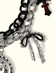 Popjeli 1 Dark Polka Dot Cross Butterfly Charm Bracelet, Bow Swirl Bow Bracelet - Silver - View 10