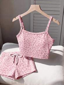 SHEIN EZwear 夏季復古粉色豹紋修身短版吊帶上衣與短褲套裝，夏季穿搭，適合日常通勤、約會、派對、秋冬/夏季、聖誕節、新年、感恩節、派對、婚禮、海灘、畢業、時尚、優雅、休閒、外出、約會、預約、通勤、亮麗、情人節 - 彩色 - 查看 4