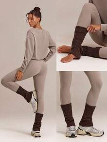 GLOWMODE SoftWarm Knit Cozy Cable Slouch Socks With Foldover Cuff & Flare Calf-Length Design Studio Pilates Yoga Daily Casual - dark brown - View 8