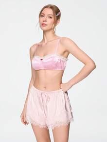 Bonmuse Sujetador de lencería para mujer rosa de satén estilo kawaii lindo coquette babydoll lolita con patchwork de encaje y patchwork 3D romántico - Rosa - Ver 8