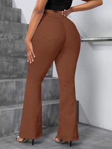 Slaydiva Plus Size Fashion Versatile Button Pocket Frayed Hem Flare Jeans - Brown - View 2