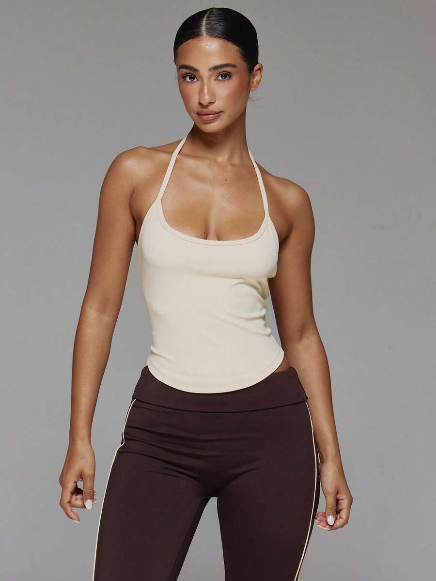 Musera Sport Atasan Olahraga Model Scoop Halterneck dengan Tali Belakang Model T-Bar dan Hem Melengkung untuk Musim Gugur/Musim Dingin, Cocok untuk Gym dan Latihan, Warna Kuning Mentega yang Lucu - Kuning - View 1